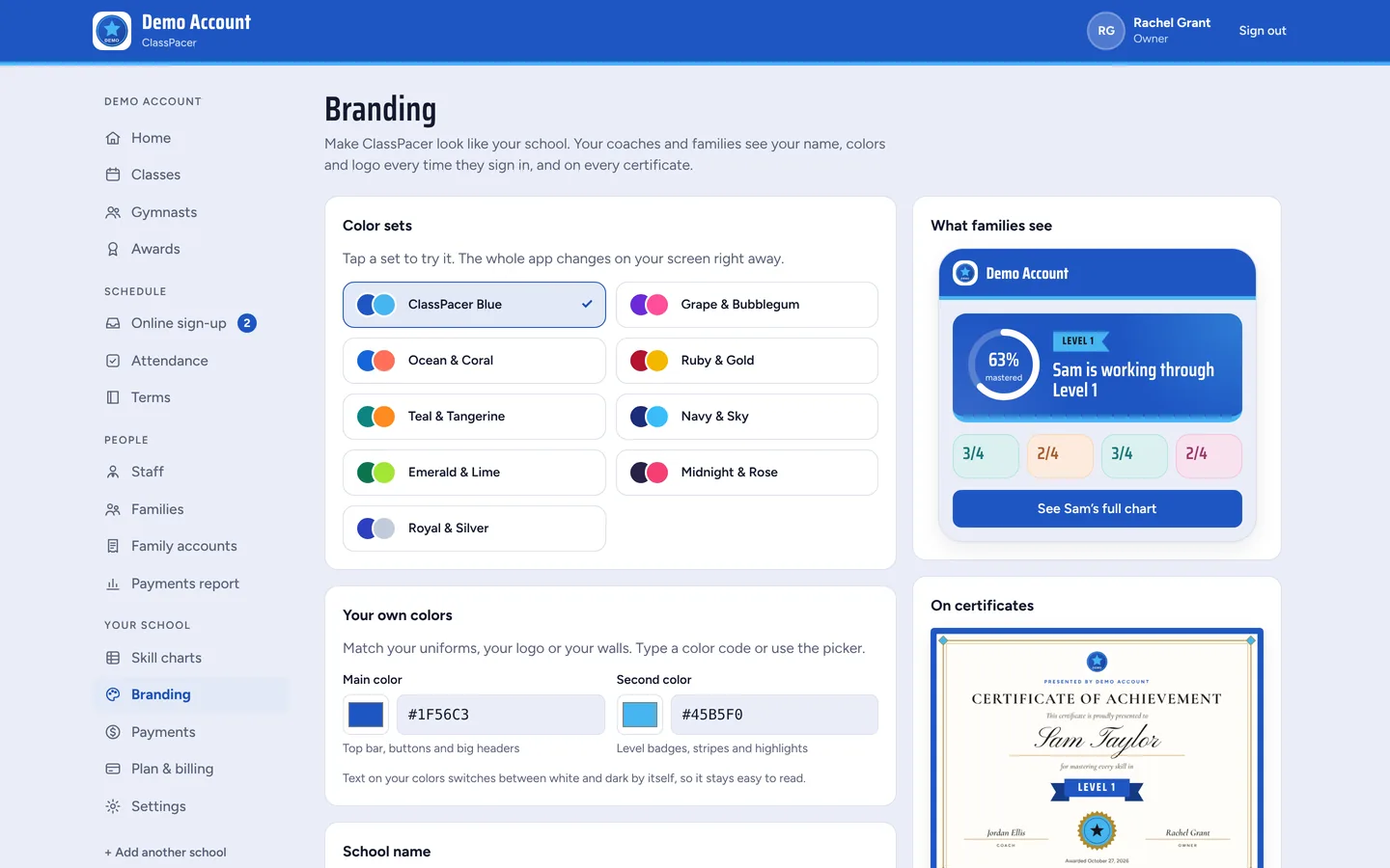 The Branding page with color sets and a preview of the family app