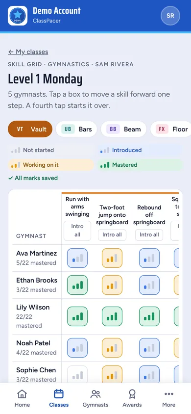 A coach's skill grid on a phone