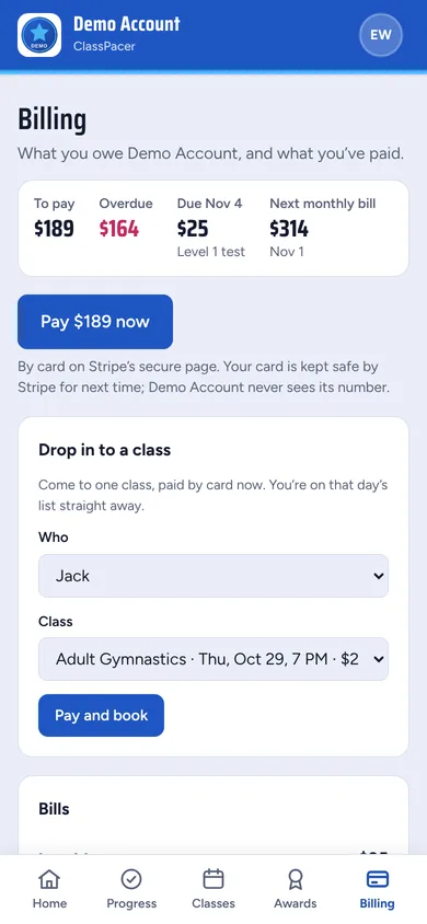 A parent's billing screen with a Pay now button