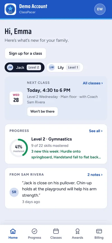 A parent's home screen with the next class and progress