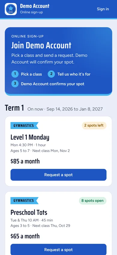 A school's public class sign-up page on a phone