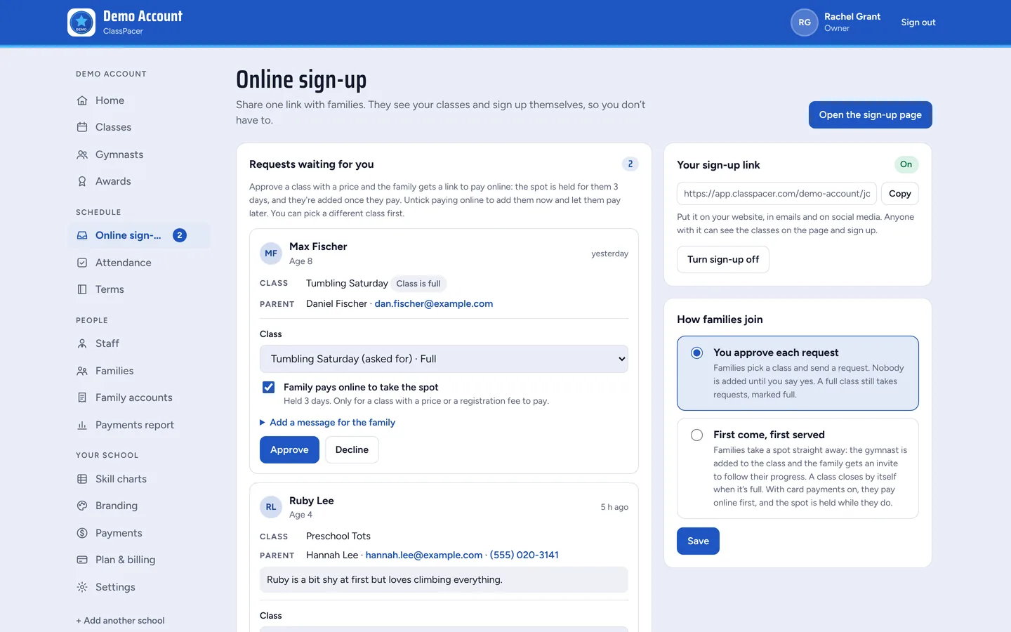 The Online sign-up page with requests waiting