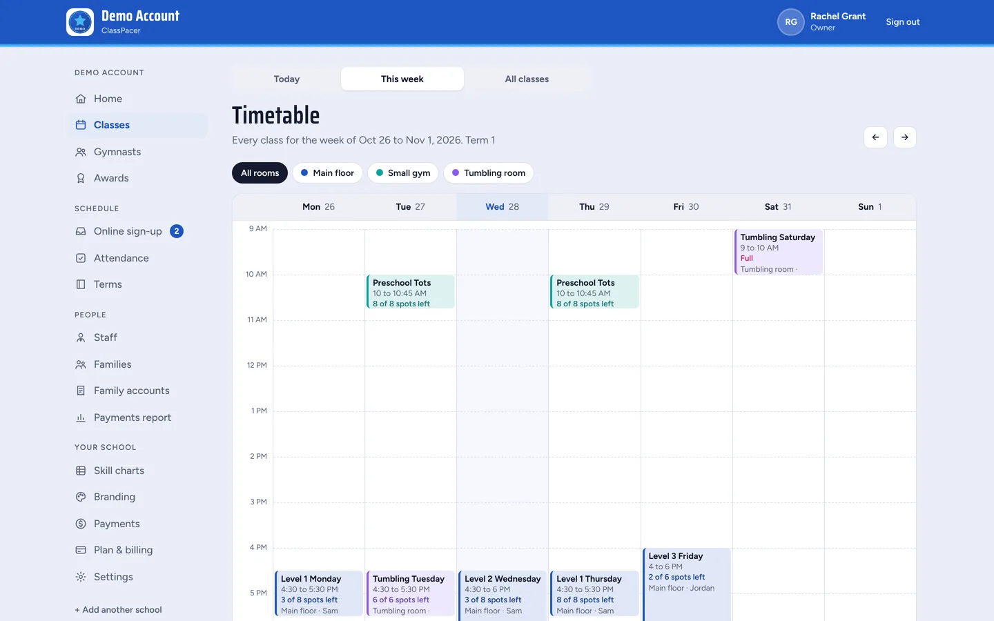 The week's timetable by room